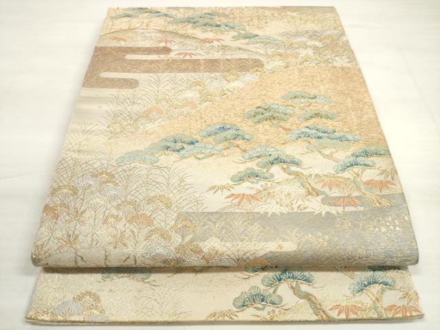 平和屋着物◎西陣　服部織物謹製　六通柄袋帯　唐織　エ霞　遠山花松文　金糸　正絹　逸品　DABD3538xg