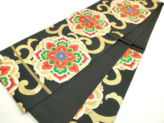平和屋着物◎六通柄袋帯　唐織　正倉院花唐草文　黒地　金糸　正絹　逸品　DABD3551xg