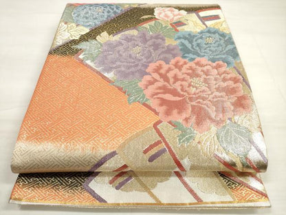 平和屋着物◎九百佐賀錦　六通柄袋帯　慶長　扇面花文　金銀糸　正絹　逸品　DABD3570xg