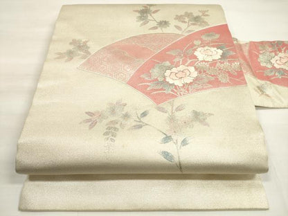 平和屋着物◎九寸名古屋帯　駒刺繍　吉祥花文　銀彩　正絹　逸品　DABD3584xg