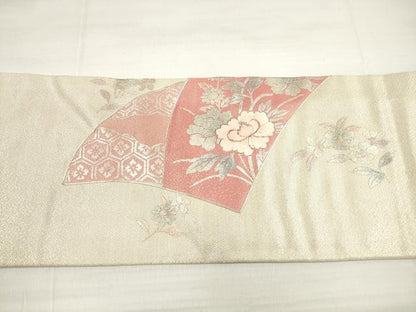 平和屋着物◎九寸名古屋帯　駒刺繍　吉祥花文　銀彩　正絹　逸品　DABD3584xg
