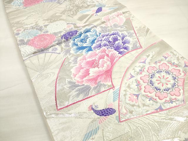 平和屋着物◎六通柄袋帯　唐織　扇面に牡丹ちらし　銀糸　正絹　逸品　DABD3588xg