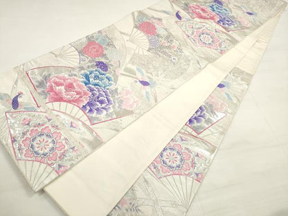 平和屋着物◎六通柄袋帯　唐織　扇面に牡丹ちらし　銀糸　正絹　逸品　DABD3588xg