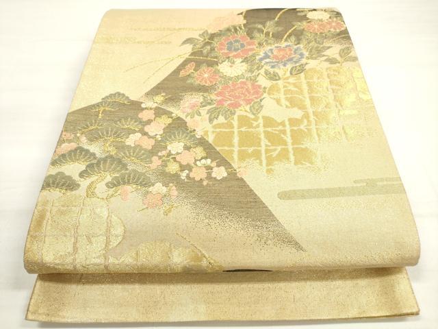 平和屋着物◎佐賀錦　六通柄袋帯　唐織　遠山草花文　金糸　正絹　逸品　DABD3590xg