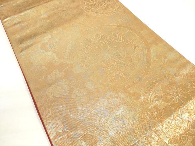 平和屋着物◎西陣　高島織物謹製　六通柄袋帯　向かい鳥更紗花文　青銅箔　正絹　逸品　DABD3592xg