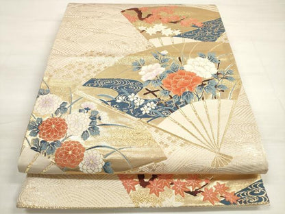 平和屋着物◎西陣　弥栄織物謹製　六通柄袋帯　唐織　立波扇面花文　金糸　証紙付き　正絹　逸品　DABD3596xg