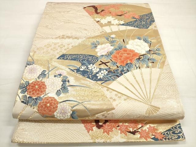 平和屋着物◎西陣　弥栄織物謹製　六通柄袋帯　唐織　立波扇面花文　金糸　証紙付き　正絹　逸品　DABD3596xg