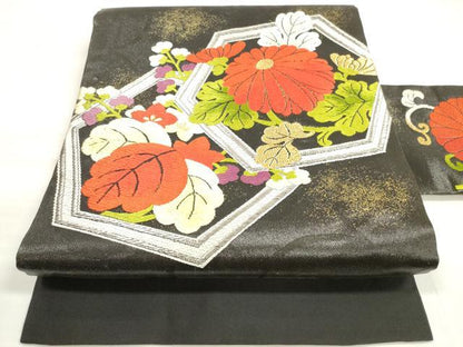 平和屋着物◎九寸名古屋帯 唐織 亀甲桐花文 黒地 金銀糸 正絹 逸品 DABD3622xg