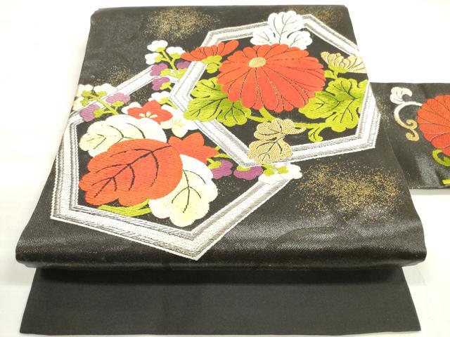 平和屋着物◎九寸名古屋帯 唐織 亀甲桐花文 黒地 金銀糸 正絹 逸品 DABD3622xg