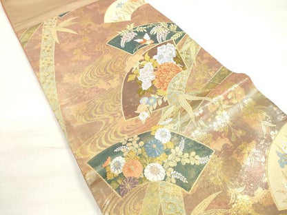 平和屋着物◎六通柄袋帯　唐織　流水地紙重ね花蝶文　金糸　三越扱い　正絹　逸品　DABD3634xg