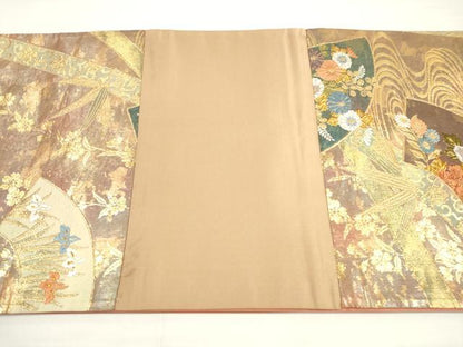 平和屋着物◎六通柄袋帯　唐織　流水地紙重ね花蝶文　金糸　三越扱い　正絹　逸品　DABD3634xg