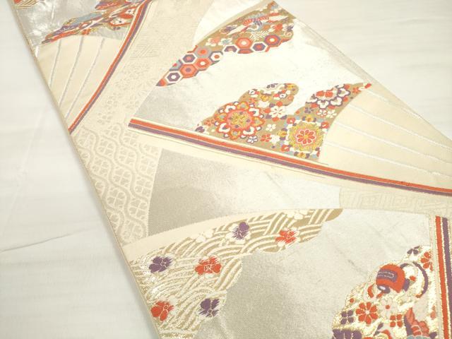 平和屋着物◎六通柄袋帯　唐織　雲取り扇面花鳥文　金銀糸　正絹　逸品　DABD3639xg