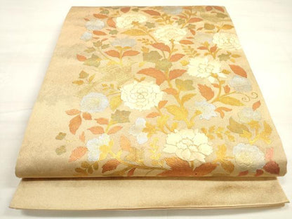 平和屋着物◎太鼓柄袋帯　駒刺繍　更紗花鳥文　金銀彩　正絹　逸品　DABD3649xg