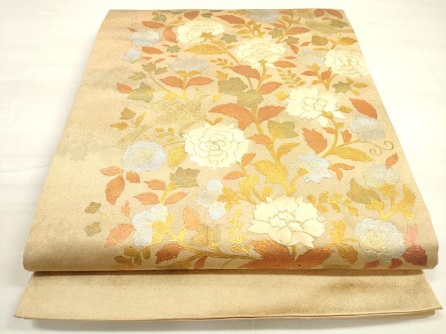 平和屋着物◎太鼓柄袋帯　駒刺繍　更紗花鳥文　金銀彩　正絹　逸品　DABD3649xg