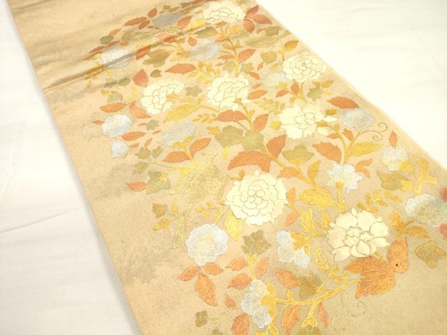 平和屋着物◎太鼓柄袋帯　駒刺繍　更紗花鳥文　金銀彩　正絹　逸品　DABD3649xg