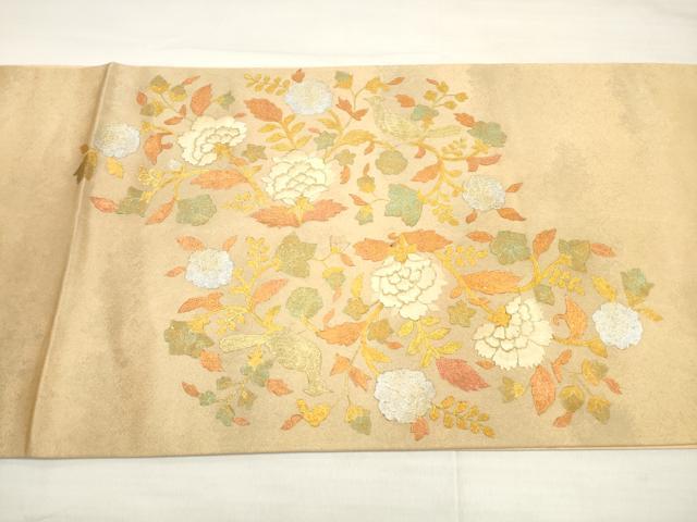 平和屋着物◎太鼓柄袋帯　駒刺繍　更紗花鳥文　金銀彩　正絹　逸品　DABD3649xg