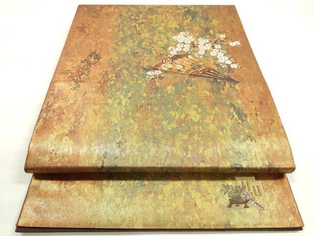 平和屋着物◎太鼓柄袋帯　扇子花蝶文　金糸　引箔　正絹　逸品　DABD3655xg