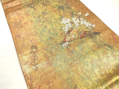 平和屋着物◎太鼓柄袋帯　扇子花蝶文　金糸　引箔　正絹　逸品　DABD3655xg