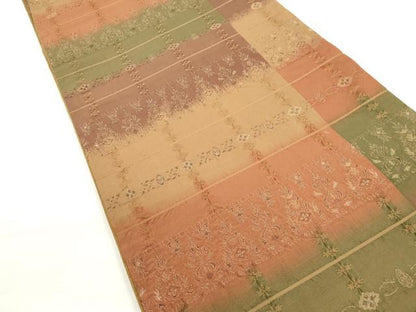 平和屋着物◎全通柄袋帯　ふくれ織　横段更紗花文　金糸　正絹　逸品　DABD3722xg