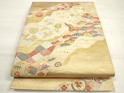 平和屋着物◎六通柄袋帯　唐織　宝尽くし流水花鳥文　金銀糸　正絹　逸品　DABD3727xg
