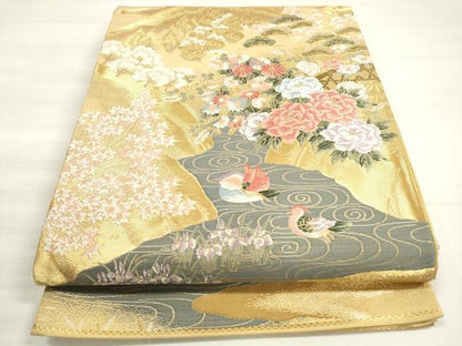 平和屋着物◎六通柄袋帯 唐織 流水鴛鴦草花文 華祥錦 金糸 正絹 逸品 DABD3783xg