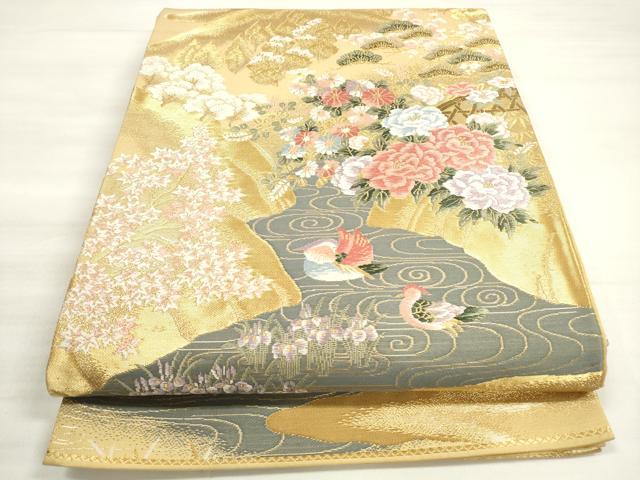 平和屋着物◎六通柄袋帯 唐織 流水鴛鴦草花文 華祥錦 金糸 正絹 逸品 DABD3783xg