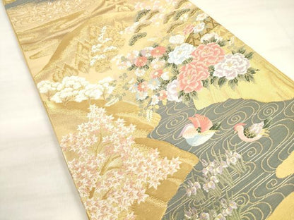 平和屋着物◎六通柄袋帯 唐織 流水鴛鴦草花文 華祥錦 金糸 正絹 逸品 DABD3783xg