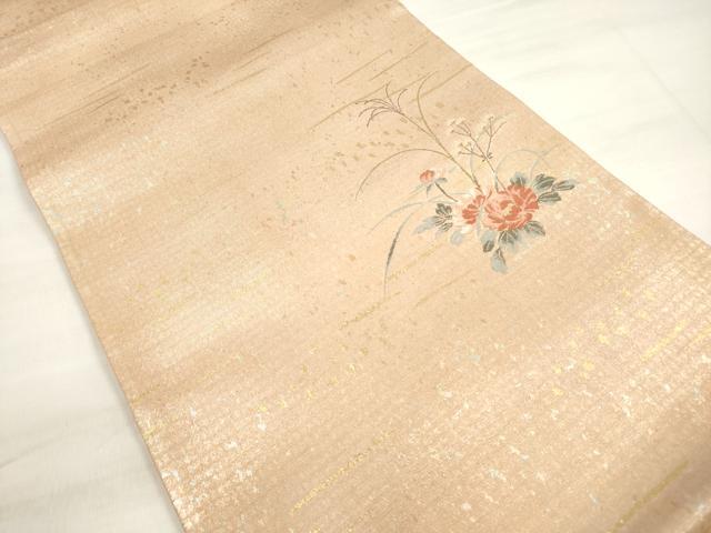 平和屋着物◎西陣　永本機業店謹製　太鼓柄袋帯　唐織　草花文　金糸　引箔　証紙・反端付き　正絹　逸品　DABD3789xg