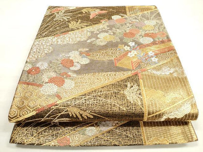 平和屋着物◎六通柄袋帯　唐織　渡橋花蝶文　蒔絵錦　金糸　正絹　逸品　DABD3791xg