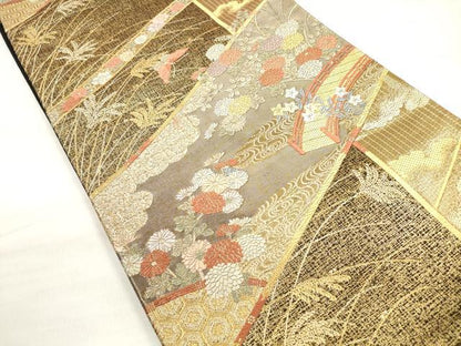 平和屋着物◎六通柄袋帯　唐織　渡橋花蝶文　蒔絵錦　金糸　正絹　逸品　DABD3791xg