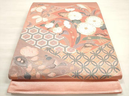 平和屋着物◎太鼓柄袋帯　駒刺繍　吉祥松皮菱花文　正絹　逸品　DABD3834xg