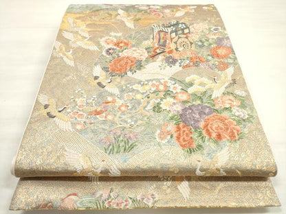 平和屋着物◎六通柄袋帯　唐織　地紙重ね御所車花鳥文　金糸　正絹　逸品　DABD3879xg