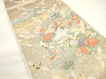 平和屋着物◎六通柄袋帯　唐織　地紙重ね御所車花鳥文　金糸　正絹　逸品　DABD3879xg