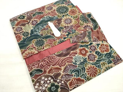 平和屋着物◎つけ帯　紬地　草花文　正絹　逸品　DABD3905xg