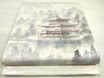 平和屋着物◎太鼓柄袋帯　刺繍　風景文　銀糸　銀彩　正絹　逸品　DABD3922xg