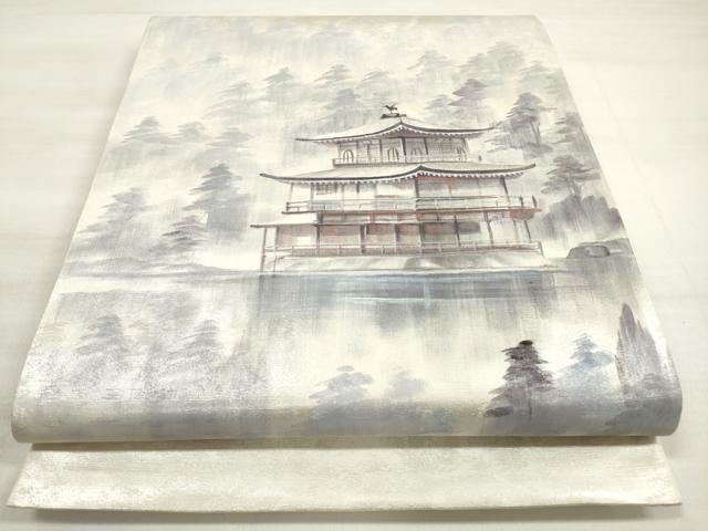 平和屋着物◎太鼓柄袋帯　刺繍　風景文　銀糸　銀彩　正絹　逸品　DABD3922xg