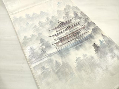 平和屋着物◎太鼓柄袋帯　刺繍　風景文　銀糸　銀彩　正絹　逸品　DABD3922xg