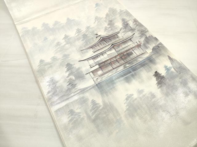 平和屋着物◎太鼓柄袋帯　刺繍　風景文　銀糸　銀彩　正絹　逸品　DABD3922xg