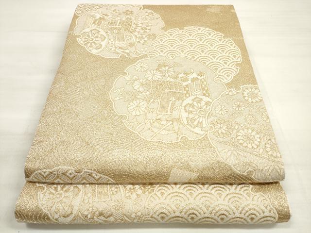 平和屋着物◎六通柄袋帯　吉祥雪輪御所車花文　佐賀つづれ織　金糸　正絹　逸品　DABD3926xg