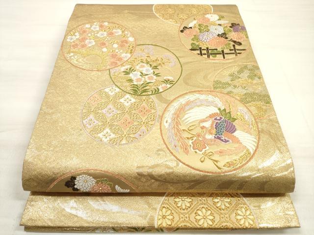 平和屋着物◎六通柄袋帯　唐織　鳳凰花丸文　金糸　正絹　逸品　DABD3955xg