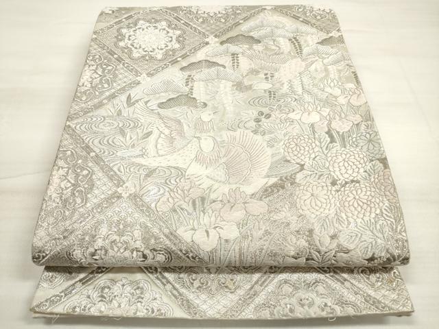 平和屋着物◎六通柄袋帯　唐織　四季草花鴛鴦文様　プラチナ箔　正絹　逸品　DABD3957xg
