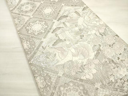 平和屋着物◎六通柄袋帯　唐織　四季草花鴛鴦文様　プラチナ箔　正絹　逸品　DABD3957xg