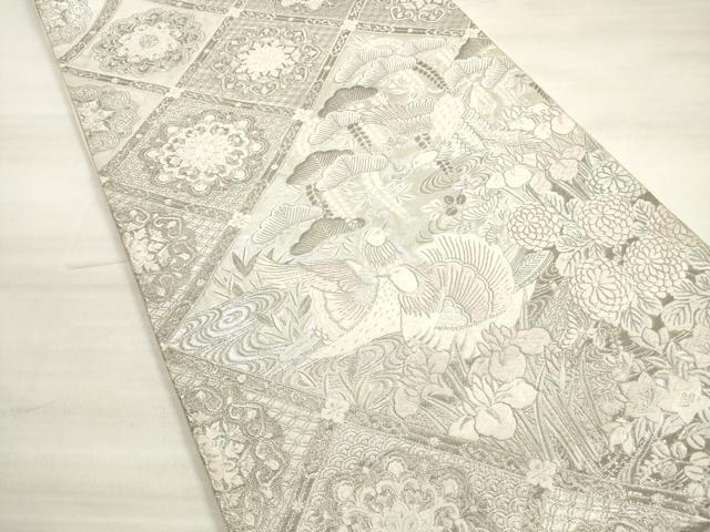 平和屋着物◎六通柄袋帯　唐織　四季草花鴛鴦文様　プラチナ箔　正絹　逸品　DABD3957xg