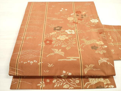 平和屋着物◎九寸名古屋帯 唐織 竹屋町刺繍 花鳥動物文 正絹 逸品 DABD3964xg