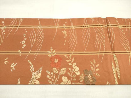 平和屋着物◎九寸名古屋帯 唐織 竹屋町刺繍 花鳥動物文 正絹 逸品 DABD3964xg