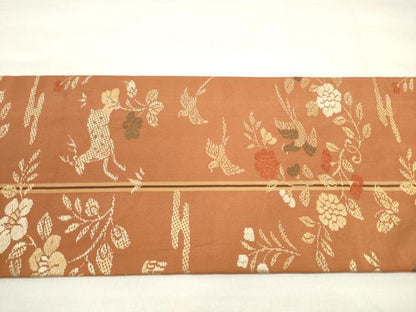 平和屋着物◎九寸名古屋帯 唐織 竹屋町刺繍 花鳥動物文 正絹 逸品 DABD3964xg