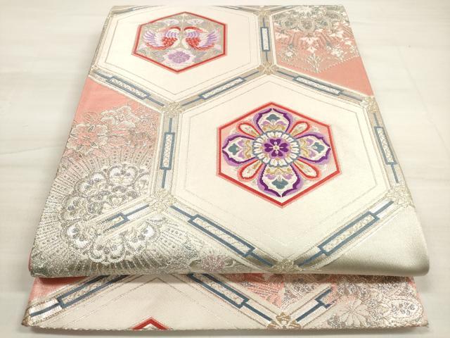 平和屋着物◎六通柄袋帯 唐織 亀甲向かい鳥花文 金銀糸 正絹 逸品 DABD3972xg
