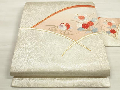 平和屋着物◎九寸名古屋帯 総刺繍 駒刺繍 流水花鳥文 金糸 正絹 逸品 DABD3974xg