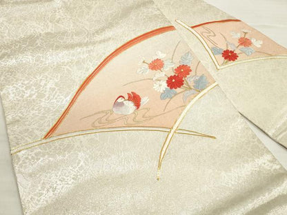 平和屋着物◎九寸名古屋帯 総刺繍 駒刺繍 流水花鳥文 金糸 正絹 逸品 DABD3974xg
