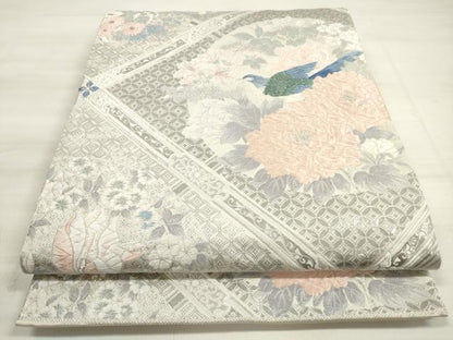平和屋着物◎六通柄袋帯 唐織 格天花鳥文 プラチナ箔 正絹 逸品 DABD3981xg